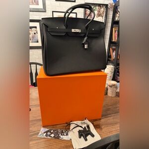 Black Faux Hermes Birkin Handbag with Silver Hardware